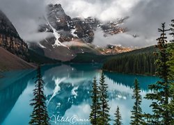 Jezioro, Moraine Lake, Góry, Lasy, Drzewa, Chmury, Park Narodowy Banff, Alberta, Kanada