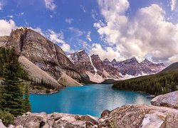 Park Narodowy Banff, Jezioro, Moraine Lake, Góry, Drzewa, Alberta, Kanada