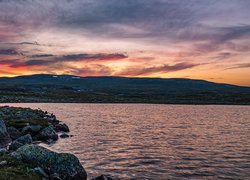 Wschód słońca, Góry, Skały, Jezioro, Płaskowyż Hardangervidda, Norwegia