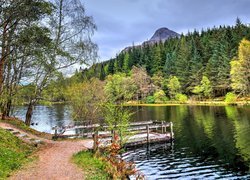 Szkocja, Szlak Glencoe Lochan, Jezioro, Góra Pap of Glencoe, Pomost, Lasy, Jesień, Drzewa
