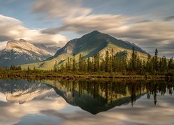 Góry, Jezioro, Vermilion Lakes, Las, Drzewa, Chmury, Odbicie, Park Narodowy Banff, Alberta, Kanada