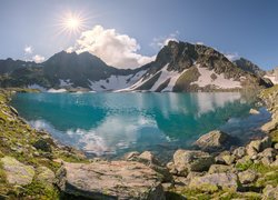 Góry, Kaukaz, Jezioro Nikolaya Busha, Skały, Promienie słońca, Imeretia, Gruzja