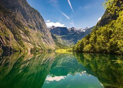 Góry, Jezioro Obersee, Drzewa, Odbicie, Park Narodowy Berchtesgaden, Bawaria, Niemcy