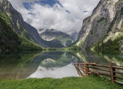 Jezioro Obersee, Góry Alpy, Drewniany, Płot, Park Narodowy Berchtesgaden, Bawaria, Niemcy