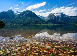 Norwegia, Hjelle, Gmina Stryn, Góry, Jezioro Oppstrynsvatnet, Liście, Chmury