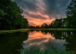 Park, Jezioro, Palmer Pond, Drzewa, Zachód słońca, Chmury, Odbicie, Stan Nowy Jork, Stany Zjednoczone