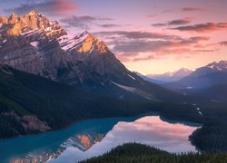 Kanada, Park Narodowy Banff, Jezioro, Peyto Lake, Góry, Canadian Rockies, Lasy, Chmury, Odbicie