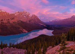 Park Narodowy Banff, Jezioro Peyto Lake, Skały, Drzewa, Góry, Chmury, Alberta, Kanada