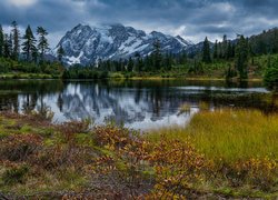 Jezioro, Picture Lake, Góry Kaskadowe, Góra, Mount Shuksan, Lasy, Drzewa, Stan Waszyngton, Stany Zjednoczone, Park Narodowy Północnych Gór Kaskadowych