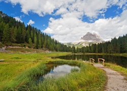 Włochy, Bolzano, Góry, Lasy, Niebo, Jezioro, Kładka