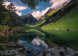 Góry, Jezioro Seealpsee, Kamienie, Drzewa, Chmury, Odbicie, Szwajcaria