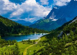 Austria, Tyrol, Góry, Jezioro, Seebensee, Las, Chmury