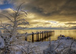 Stany Zjednoczone, Jezioro Tahoe, Zima, Pomost, Wschód słońca, Drzewa