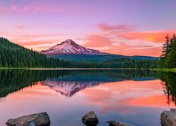 Góry, Stratowulkan Mount Hood, Jezioro Trillium Lake, Kamienie, Drzewa, Las, Chmury, Stan Oregon, Stany Zjednoczone