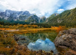 Góry, Jezioro, Drzewa, Las, Skały