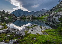 Góry Alpy, Jezioro, Skały, Kamienie, Rośliny, Park Narodowy Mercantour, Francja