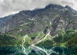 Jezioro w skalistych górach pod chmurami