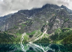 Jezioro w skalistych górach pod chmurami