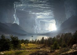 Jaskinia, Jezioro, Skały, Światło, Drzewa, Trawa, Sarna, Fotomontaż
