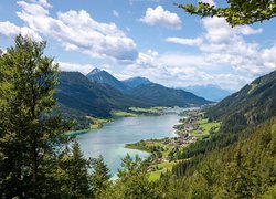 Góry, Jezioro Weissensee, Domy, Drzewa, Austria