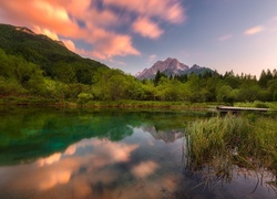 Słowenia, Góry Alpy Julijskie, Jezioro Zelenci, Drzewa, Zachód słońca, Odbicie