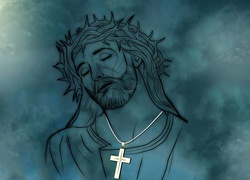 Jezus Chrystus w koronie cierniowej z krzyżem na szyi
