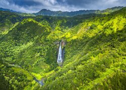 Góry, Las, Drzewa, Wodospad, Jurassic Falls, Rzeka, Chmury, Napali Coast, Na Pali Coast State Wilderness Park, Hawaje, Stany Zjednoczone