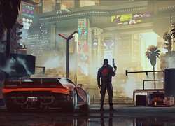 Gra, Cyberpunk 2077, Człowiek, Samochód, Miasto