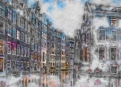 Grafika, Amsterdam, Holandia, Domy, Rzeka