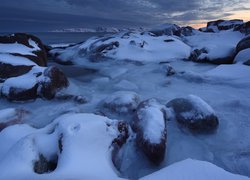 Kamienie pokryte śniegiem na wybrzeżu w Teriberce