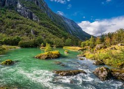 Rzeka, Kamienie, Góry, Skały, Drzewa, Park Narodowy Folgefonna, Norwegia