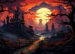 Noc, Księżyc, Zamek, Drzewa, Droga, Fantasy