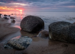 Wybrzeże, Kamienie, Piasek, Morze, Zachód słońca