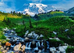 Kamienisty potok i ośnieżona góra Mount Rainier w tle