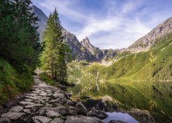 Góry, Tatry, Skały, Kamienie, Drzewa, Jezioro, Morskie Oko, Polska