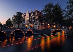 Most, Kanał Leidsegracht, Domy, Światła, Miasto, Amsterdam, Holandia