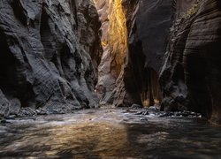 Skały, Rzeka, Virgin River, Kanion Zion Narrows, Przebijające światło, Park Narodowy Zion, Stan Utah, Stany Zjednoczone