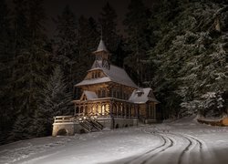 Zima, Kaplica Najświętszego Serca Jezusa, Kościółek, Las, Ślady, Jaszczurówka, Zakopane, Polska, Kościół