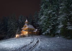 Jaszczurówka, Zakopane, Polska, Zima, Kaplica Najświętszego Serca Jezusa, Kościółek, Las, Droga, Światła