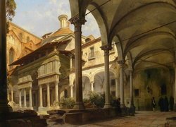 Malarstwo, Obraz, Carl Graeb, Dziedziniec, Kaplica Pazzich, Bazylika, Santa Croce, Florencja, Włochy