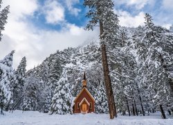 Zima, Drzewa, Kaplica, Kościółek, Las, Śnieg, Chmury, Park Narodowy Yosemite, Stan Kalifornia, Stany Zjednoczone