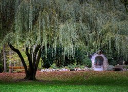 Kapliczka i wierzba płacząca w parku