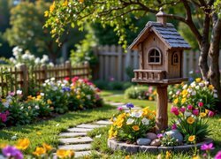 Karmnik oraz drzewa i kwiaty przy ogrodzeniu w ogrodzie