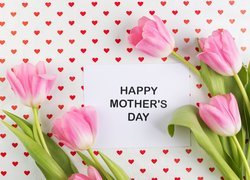 Dzień Matki, Kartka, Napis, Różowe, Tulipany, Serduszka