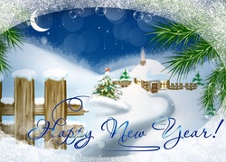 Kartka noworoczna z zimowym krajobrazem i domkiem