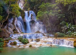 Wodospad, Kuang Si Falls, Skały, Rzeka, Drzewa, Laos