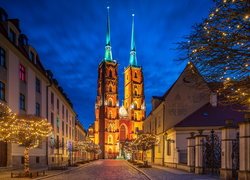 Domy, Ulica, Oświetlony, Kościół, Katedra św Jana Chrzciciela, Ostrów Tumski, Wrocław, Polska