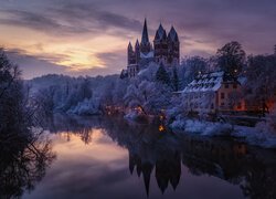 Niemcy, Limburg, Rzeka Lahn, Katedra Świętych Jerzego i Mikołaja, Dom, Oszronione, Drzewa, Kościół