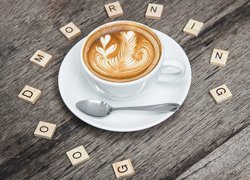 Kawa, Cappuccino, Filiżanka, Łyżeczka, Scrabble, Napis, Good Morning, Dzień dobry