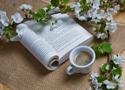 Kawa i ukwiecone gałązki na otwartej książce